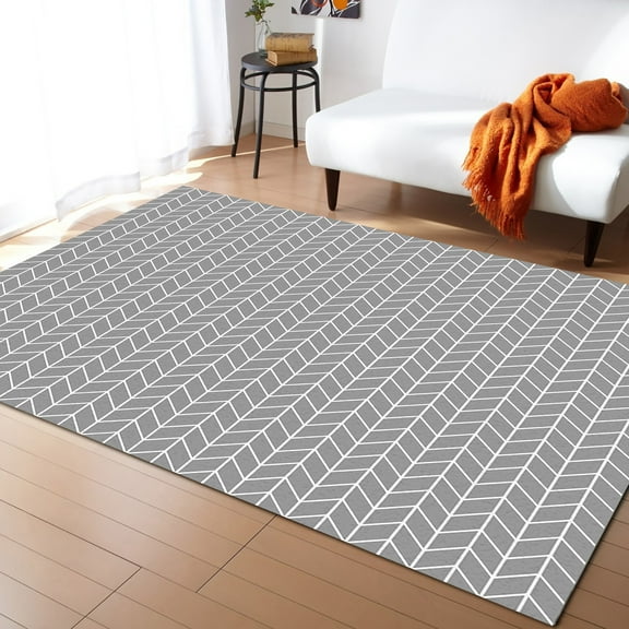 Area Rug 4'x6' Abstract Art of Gray Geometric Lines Herringbone Washable Area Rugs Non Shedding Floor Carpet Rubber Backing Non-Slip Indoor Mats for Living Room Bedroom Kitchen