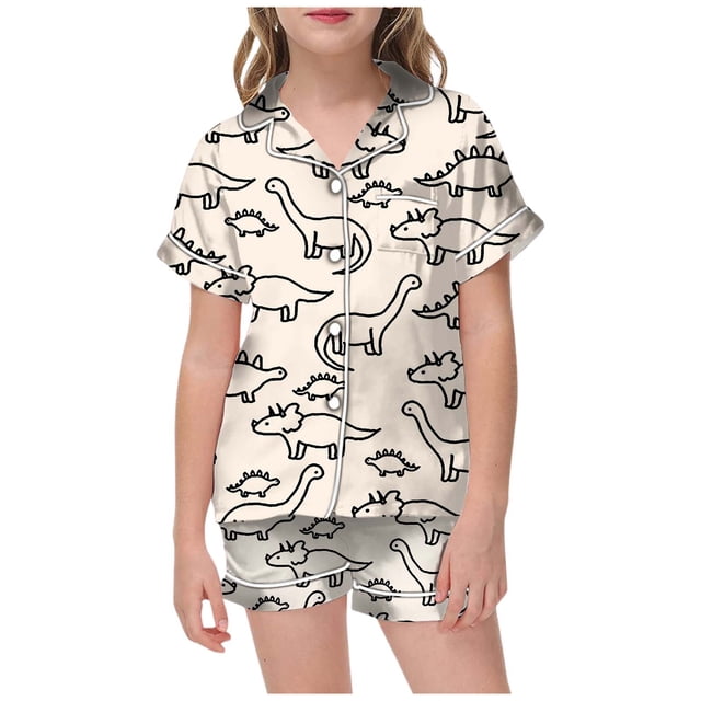 Pyjama en Satin pour Fille Imprimé Manches Courtes Ensemble de Pyjama Boutonné Décontracté Mignon pour Filles Garçons Filles Mode