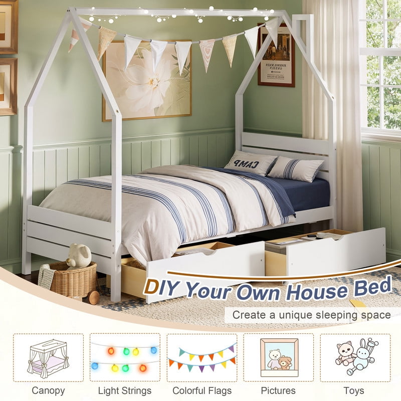 Twin Size Kids House Bed Frame, Montessori Child Floor Bed with 2 Storage Drawers, Wooden Low Profile Platform Bed