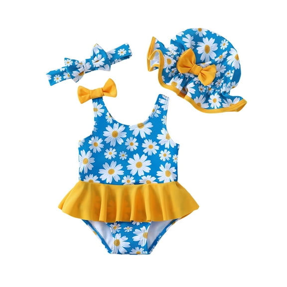 KIMI BEAR Infant Baby Girls One-piece Swimsuit 18-24 Months Summer Bathing Suits Sleeveless Daisy Floral Rash Guard Beachwear Bikini Tankini with Headband and Hat 3pcs Blue