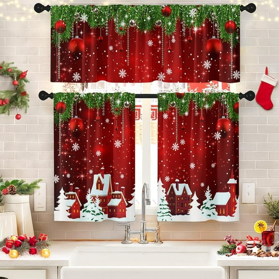 Christmas Red Kitchen Window Curtains and Valances Set 36 Inch, Village Winter Snowflake Pine Balls Short Tier Curtain for Cafe Living Room Bathroom, Xmas 3 Pieces Set Kitchen Decor