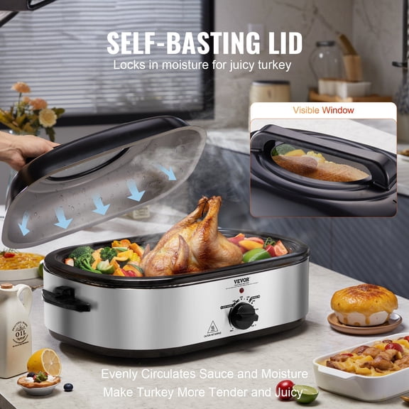 18 Quart Electric Roaster with Self-Basting Lid  High-Power 1450W Heating, Holds 22 Lb Turkey, Removable Pan for Easy Cleaning