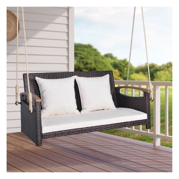 2-Person Patio Porch Swing - Rattan Wicker Outdoor Swing Chair - 800lbs Capacity - Garden Backyard Swing with Cushions & Installation Kit