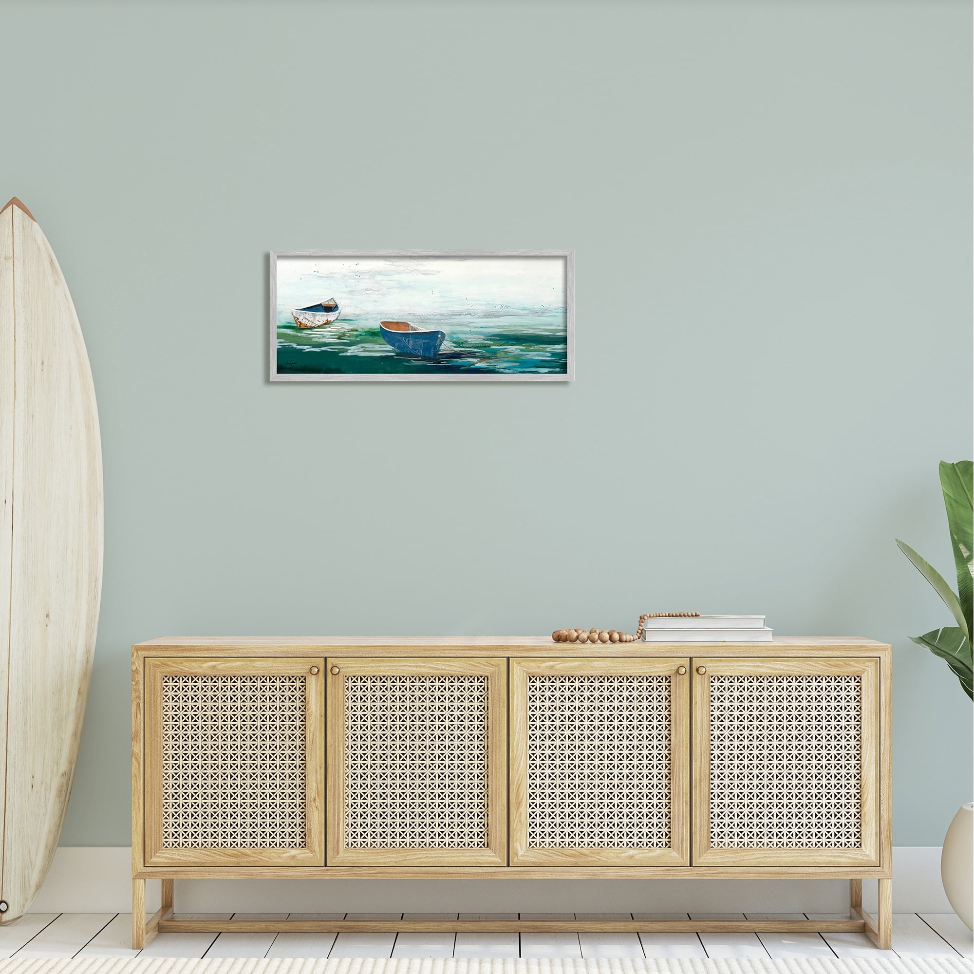 Stupell Industries Panoramic Ocean Waves Two Drifting Rowboats Scene Painting Gray Framed Art Print Wall Art, Design by Stacy Gresell