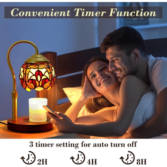 Candle Warmer Lamp with Timer Dimmer, Adjustable Height Candle Warmer for Jar Candles, Birthday Gifts for Women New Home Bedroom Decor Tiffany Baroque Style Stained Glass with 2 Bulbs