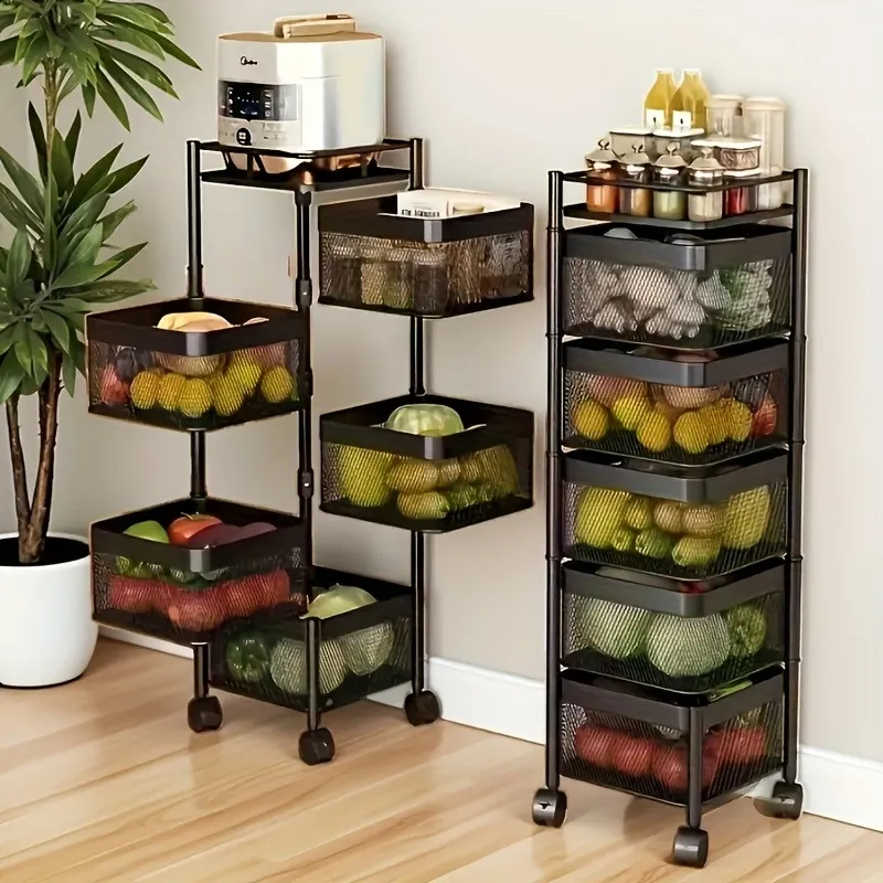 5-Tier Rotating Metal Storage Shelf on Wheels – Multi-Layer Fruit & Vegetable Basket Trolley, Square Floor-Standing Utility Cart for Kitchen, Bathroom, Garage