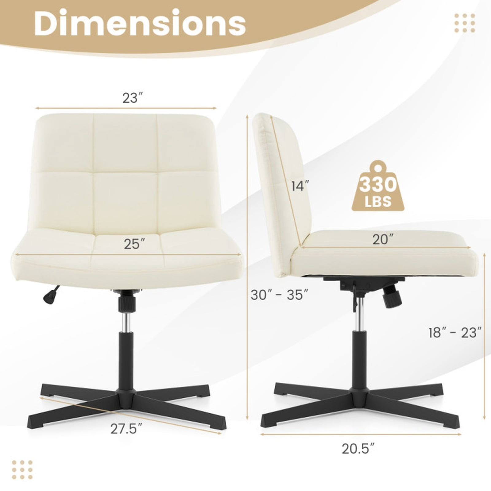 Furnibear PU Leather Upholstered Cross Legged Armless Office Chair with Oversized U Shaped Seat Swivel Rolling Vanity Desk Chair, Beige