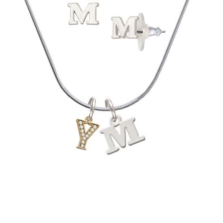 Gold Tone Small Crystal Initial – Y – – M Initial Charm Necklace and Stud Earrings Jewelry Set