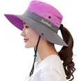 thumbnail image 1 of Chapeaux Bob d'Été pour Femmes Ponytail Protection UV Safari Randonnée Grand Bord Plage Pliable en Maille Casquette de Pêche, 1 of 4