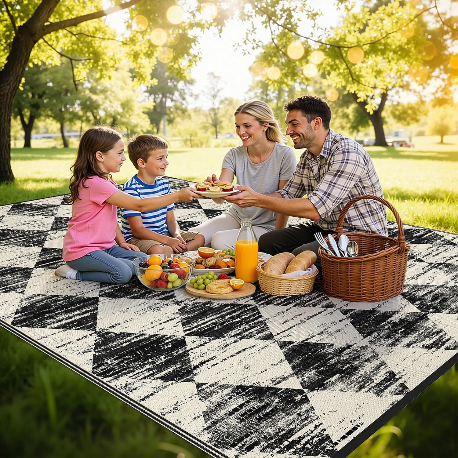 Findosom Outdoor Rug Waterproof 6'x9' Patio Rugs Foldable Reversible Camping Mat for RV,Deck,Porch,icnic,Beach,Balcony,Black & White