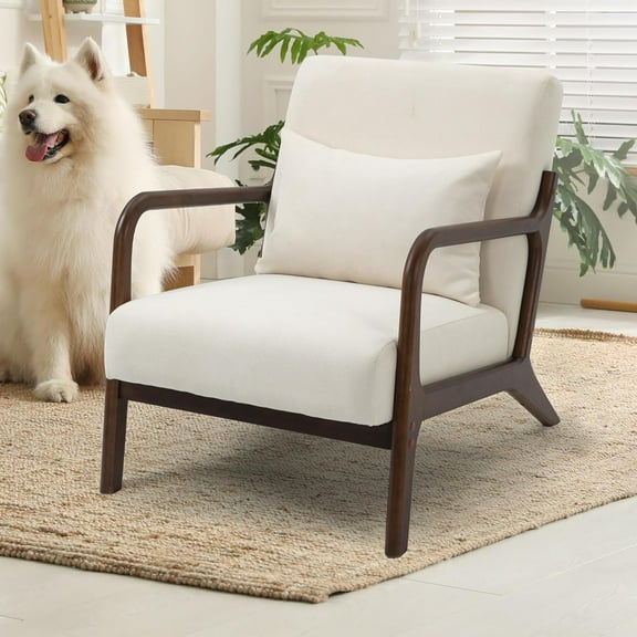MOONMISS Mid-Century Modern Accent Chair, Velvet Fabric Arm Chair with Wood Frame and Pillow, Upholstered Armchair Comfort Reading Chair Lounge Chair for Living Room Bedroom Sunroom, Beige