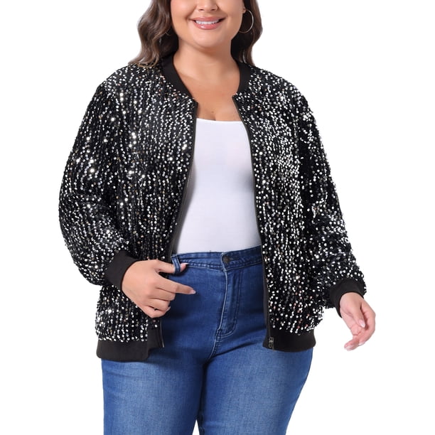 Chaqueta de lentejuelas de tama?o grande para mujer GRACE & GRANDEUR, chaqueta bomber con brillo, manga larga, cierre frontal, 3X plateada