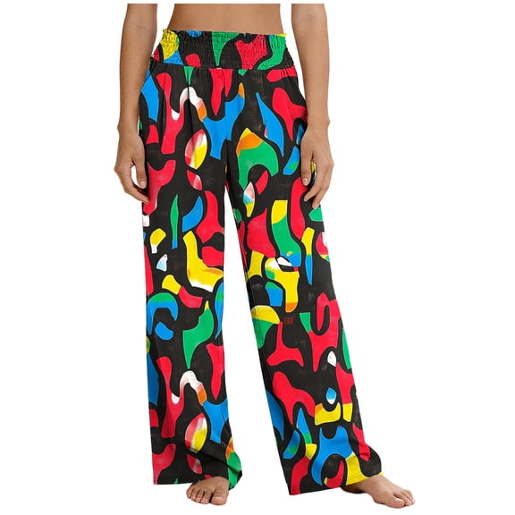 Levmjia Women's High Waisted Printed Pants Wide Leg Loose Fit with Pockets Elastic Waist Flowy Long Pants for Casual Summer