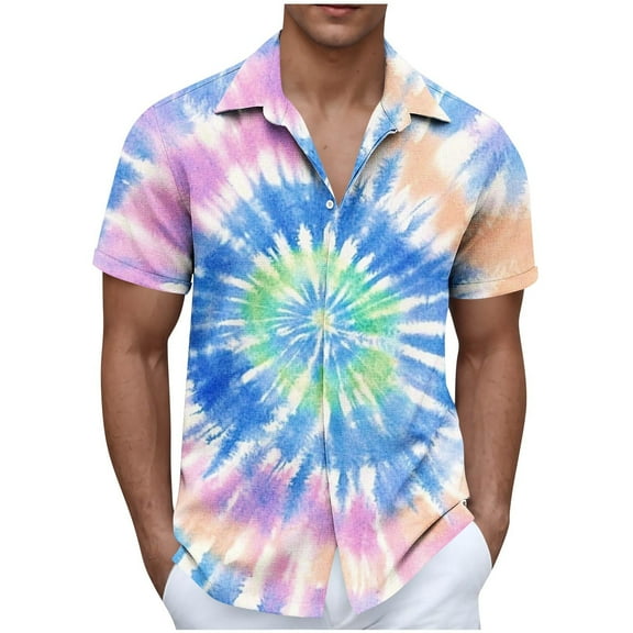 Handshe Men's Trendy Turn-down Collar Printed Short Sleeve Button Shirt - Casual Blouse