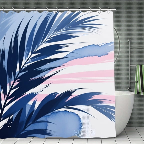 Leaf in Navy Blue And Blush Pink Print Shower Curtain,Modern Fabric Waterproof Shower Curtain Set with Hooks 70.8×70.8Inch (180×180cm)