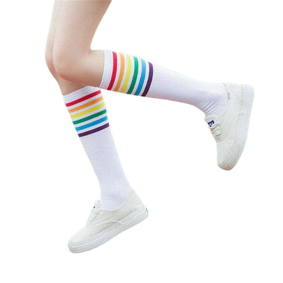 Yokua Women Rainbow Striped Knee High Socks Campus Style School Girl Long Tube Socks