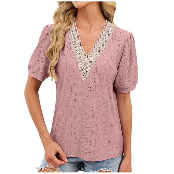 Enjoytime Womens Shirts Lace Patchwork V-Neck Short Sleeve Blouses Spring Summer Fashion Business Casual Tops Pink XXL