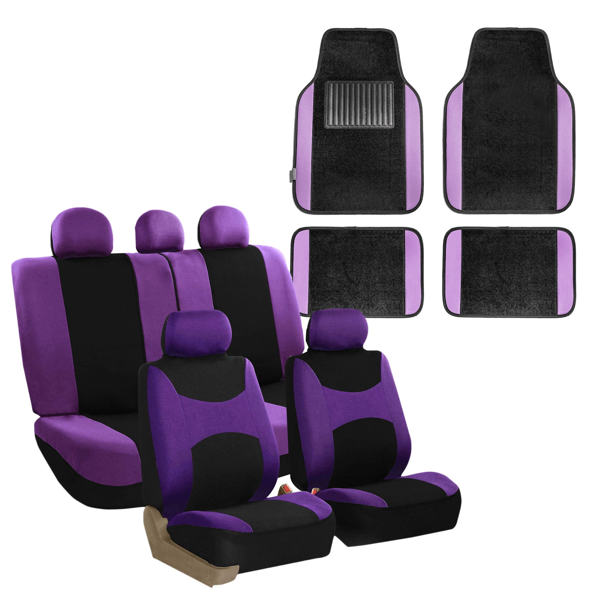 BDK Complete Fabric Car Seat Cover Set For Split Bench + Cozy Carpet Floor Mats – Beige