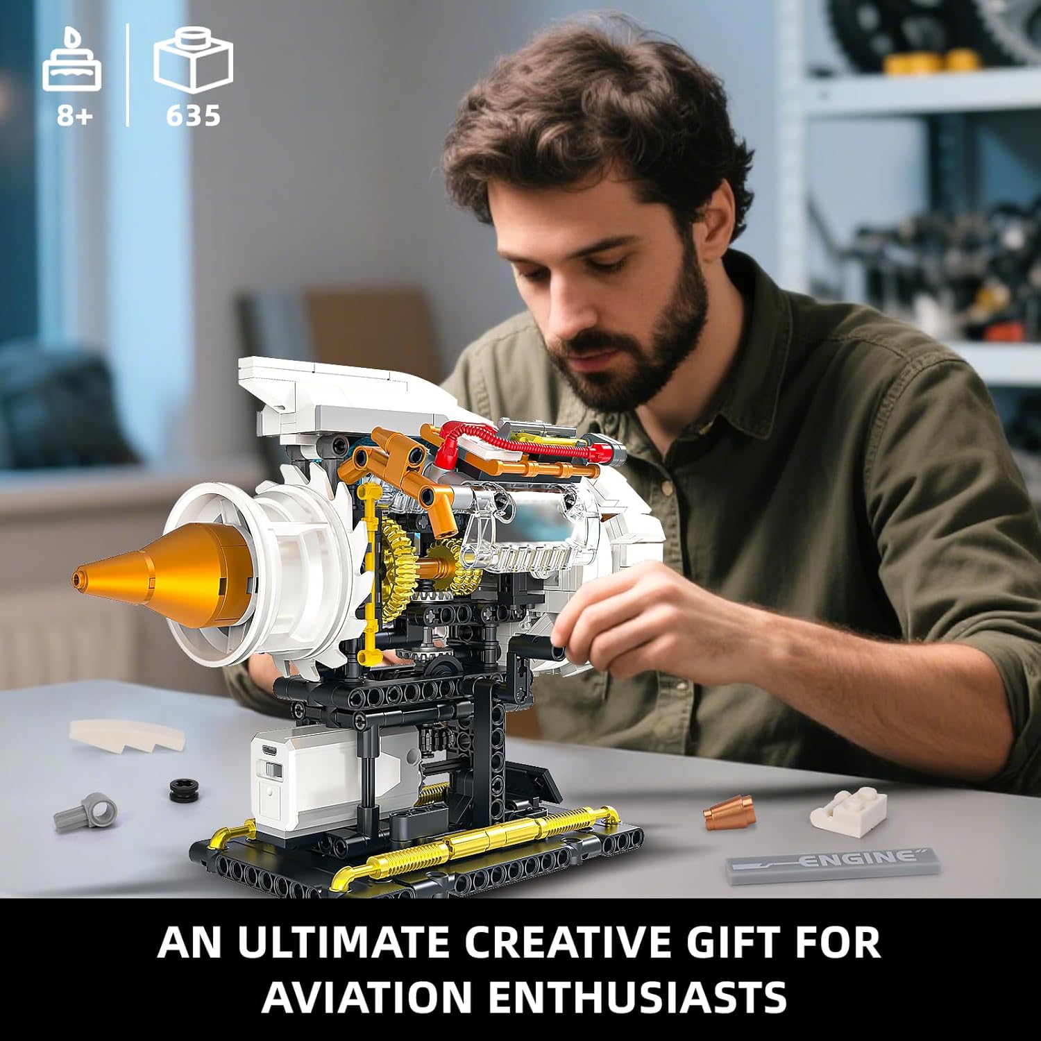 Aircraft Engine Building Kit for Adults, STEM Mini Engine Model Toy with Motor & Hand Rocker, Compatible with Lego Airplane Set, Gift Idea for Kids & Teens Boys 8-14 (635 PCS)
