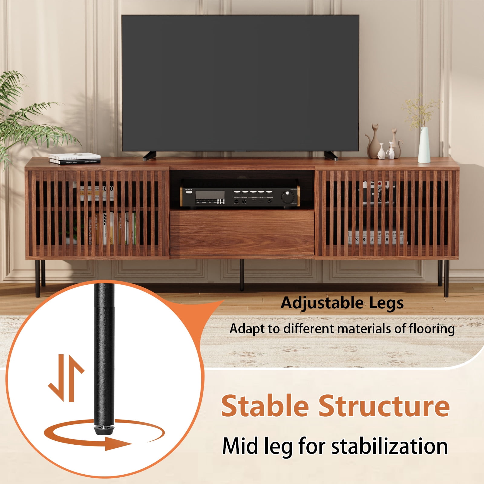 Hommpa TV Stand for 55/65/75/80 inch TV with 2 Slatted Doors and Drawer, Mid Century Modern TV Console for Living Room Bedroom, Storage Cabinets Entertainment Center for Gaming Media Console,Walnut