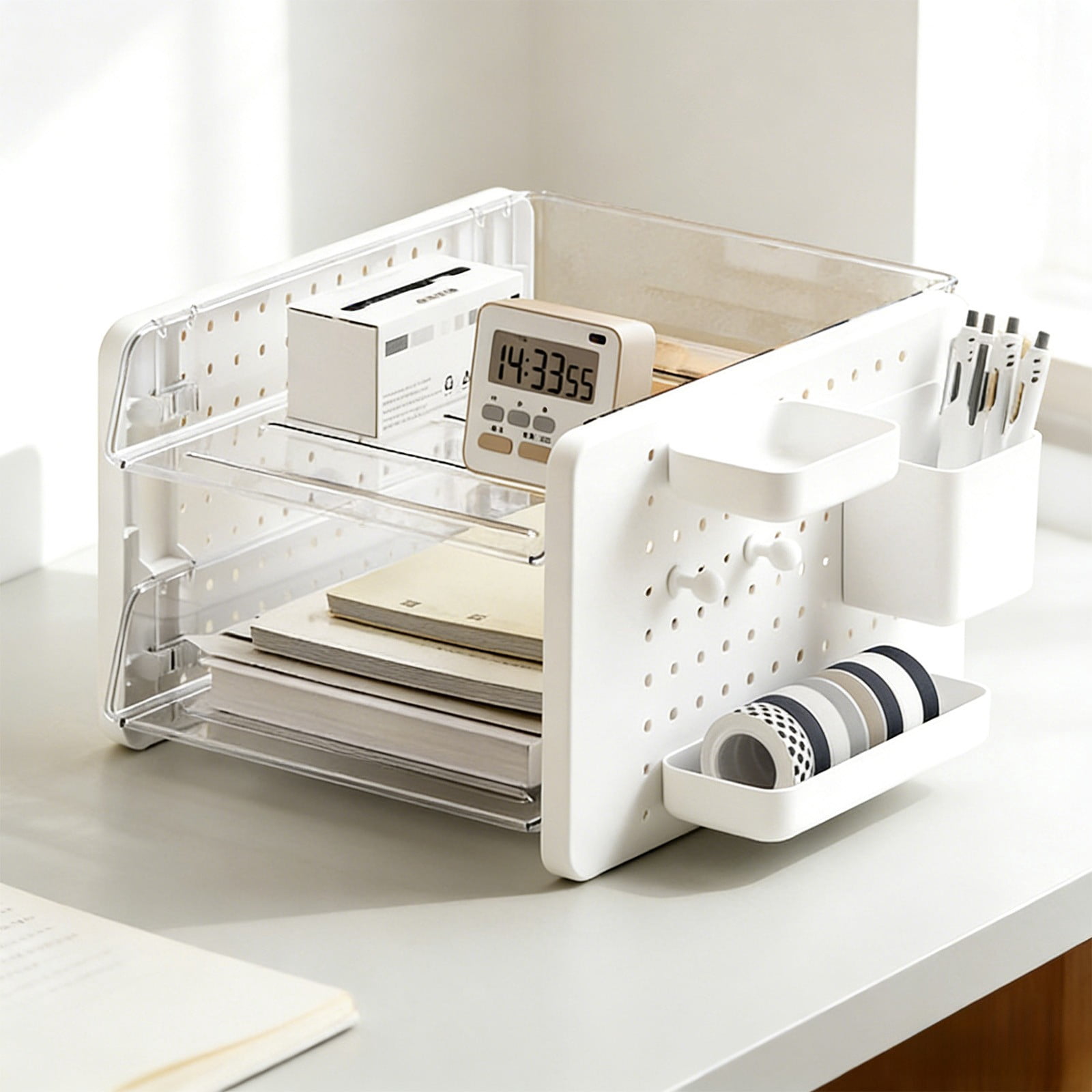 Homenest Desk Organizer, Pegboard Storage Organizer with Multi Tier Shelves, Office Desk Organizer and Vanity Storage for Stationery, Cosmetics, Documents, Black