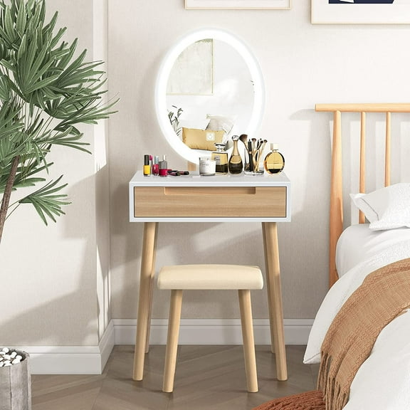 FULLWATT Vanity Table Set, Bedroom Makeup Dressing Table with Additional Free Make-up Organizer, 3-Color Touch Control Dimmable Mirror, Adjustable Brightness(Natural Wood)