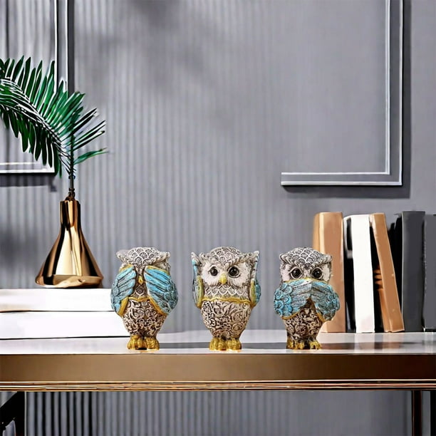 Estatuas de búhos sabios | Figuras de "No oigo, no veo, no digo el mal" | Decoración de resina para estantería, repisa u oficina | Decoraciones con detalles en naranja y azul