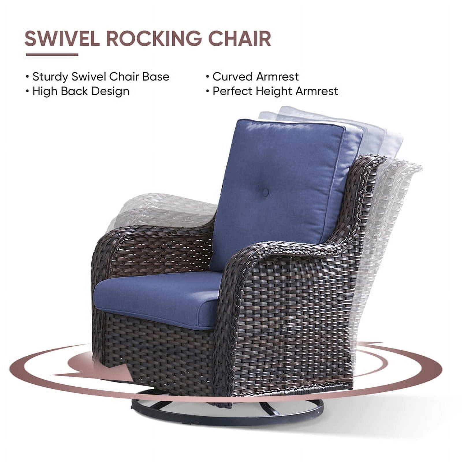 PARKWELL 4-Piece Outdoor Patio Furniture Set 5-Seat High Back Conversation Set with 41" Fire Pit Table and Swivel Glider for Patio Garden Deck,Brown Wicker Navy Cushions