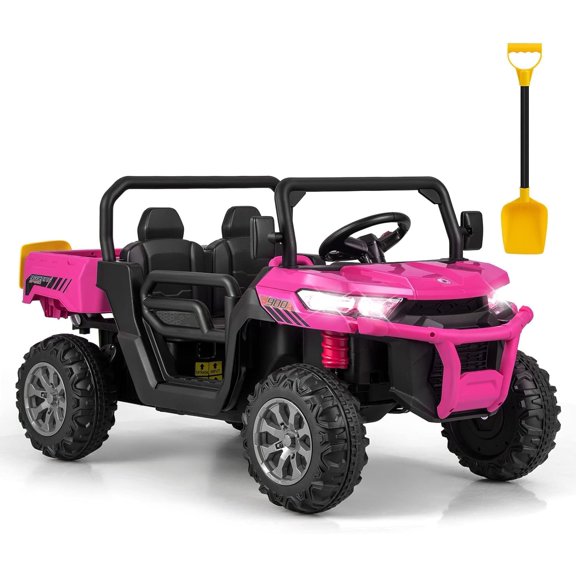 OLAKIDS Kids Ride On UTV, 12V Electric Vehicle Dump Truck with Remote Control, Dump Bed and Extra Shovel, Toddlers Battery Powered Car with 2 Speeds, Music, USB, AUX (Pink)