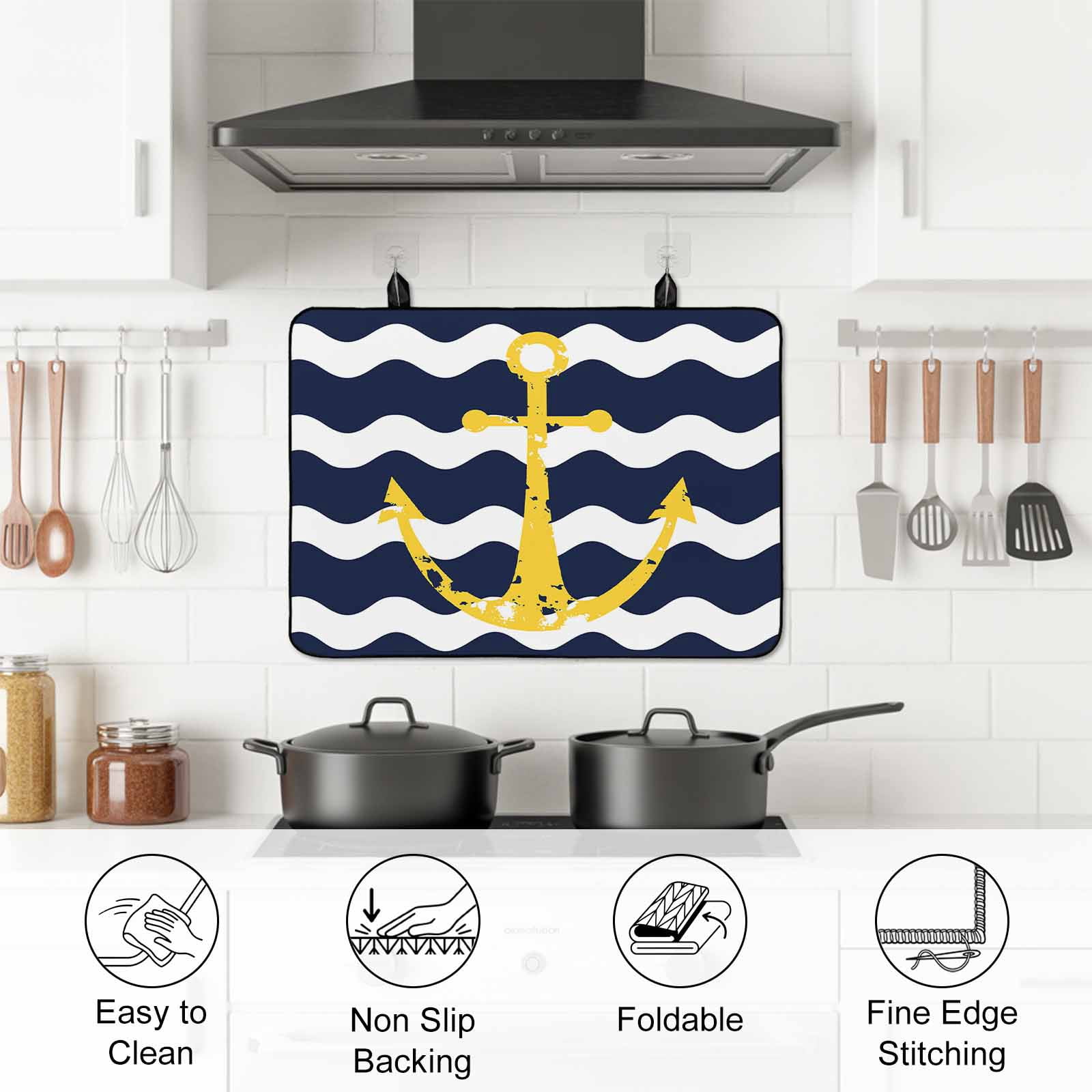 Navy Ripple Stove Top Cover for Electric Stove, Heat-proof & Non Slip Glass Top Stove Cover Protector, Yellow Anchor Navy White Waves Aesthetics Kitchen Flat Cooktop Rubber Mat 24x21 Inches