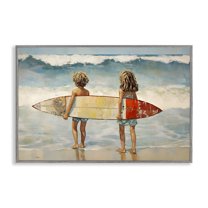 Stupell Industries Kids with Surf Waves People Painting Gray Framed Art Print Wall Art, 24 x 16