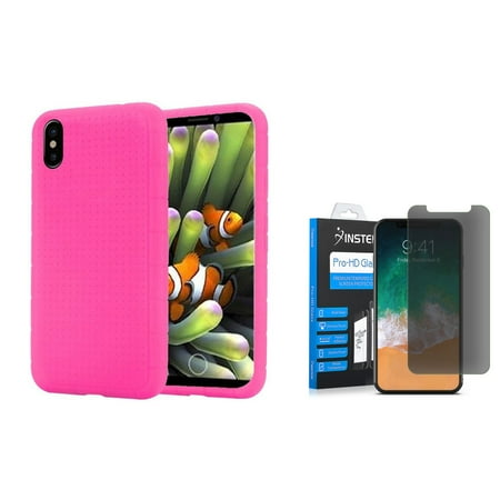 Insten Rugged Silicone Rubber Case For Apple iPhone 10 iPhone X 2017 - Hot Pink (Bundle with Anti Spy Privacy Tempered Glass Screen (Best Anti Spy For Android)