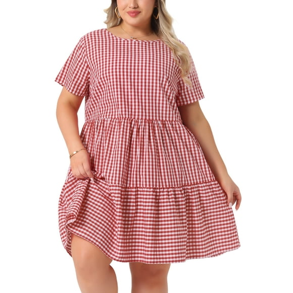 Agnes Orinda Women's Plus Size Gingham Dresses 1950s Vintage Tiered Crew Neck Short Sleeve Summer Casual Midi Plaid Dress 1X Red