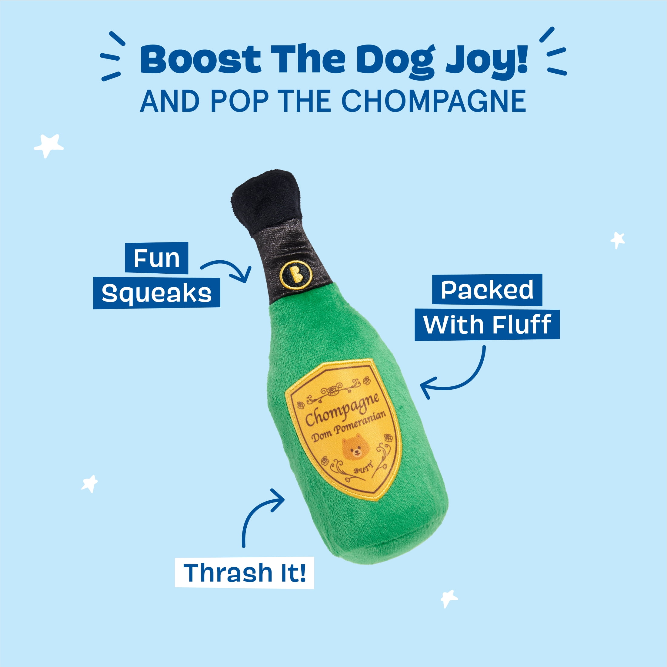 BARK Sparklin Chompagne Party Champagne Bottle Green Plush Dog Toy ALL