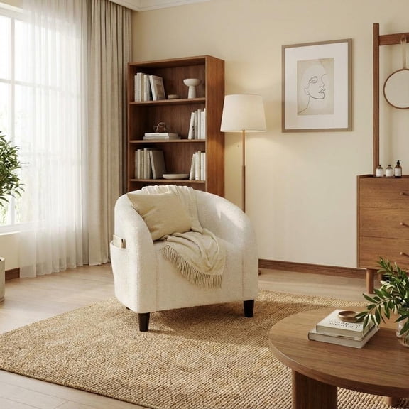 Accent Chair, Boucle Barrel Chairs, Comfy Round Club Armchair with Soft Cushion for Living Room, Bedroom, Reading, Waiting Room, White