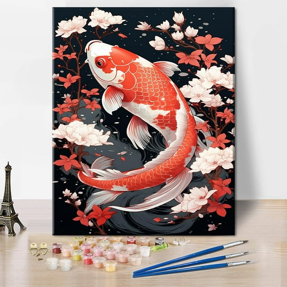 shiyou-New Year Paint by Number Kit, Koi Fish with Cherry Paint by Numbers with Brushes and Pigment for Home Wall Decoration, Flowers Oil Painting, 16x20 Inch