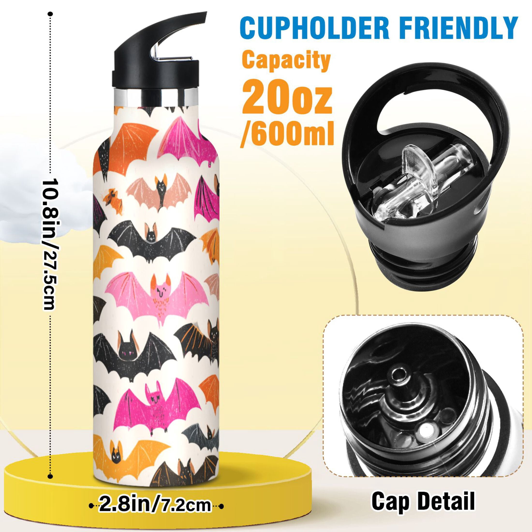 Kids Insulated Stainless Steel Sports Water Bottle 600ml (20oz) Pink and Orange Bats