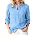thumbnail image 2 of Babysbule Women Mandarin Collar Henley Blouse Flare 3/4 Sleeve Loose Fit Casual Top for Summer Office Brunch Daily Outfits, 2 of 9