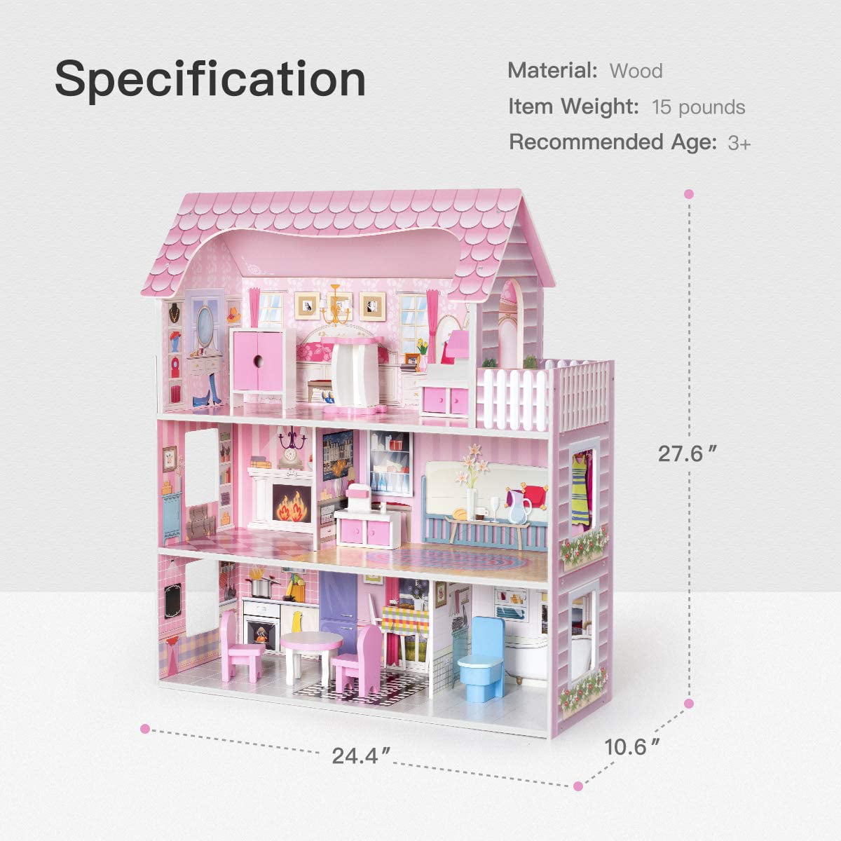 ROBUD Wooden Dollhouse with Furniture, Pretend Play Doll House ...