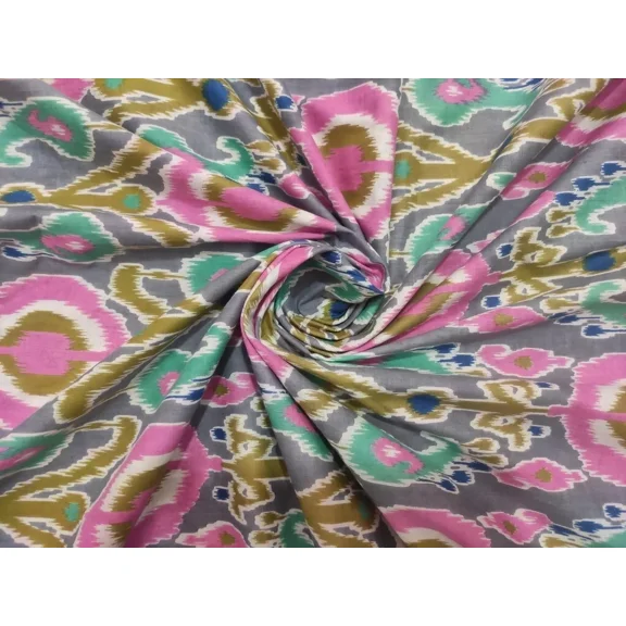 Indian Gray Cotton Fabric Dressmaking By Yard Ikat Pattern Handmade Running Robe