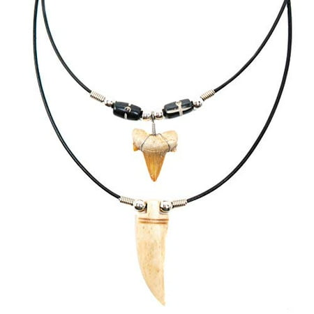Handmade Turquoise Necklace (FROG SAC Genuine Shark Tooth and Tiger Tooth Horn Pendant Necklace Set for Men Boys - Handmade - Teeth Pendants on Leather Cord with Ox Bone and Horn Beads -)