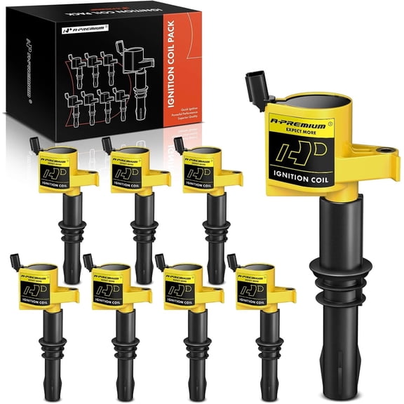 A-Premium Ignition Coil Pack (Yellow) FD508 Compatible with Ford F-150 F-250 F-350 Super Duty Explorer Expedition Mustang Lincoln Mercury 4.6L 5.4L 8-PC Set