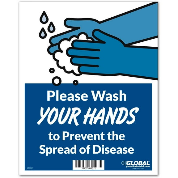 Global Industrial 670501 Wash Hands to Prevent Disease Sign - Blue - 8 x 10 in. - Wall Adhesive