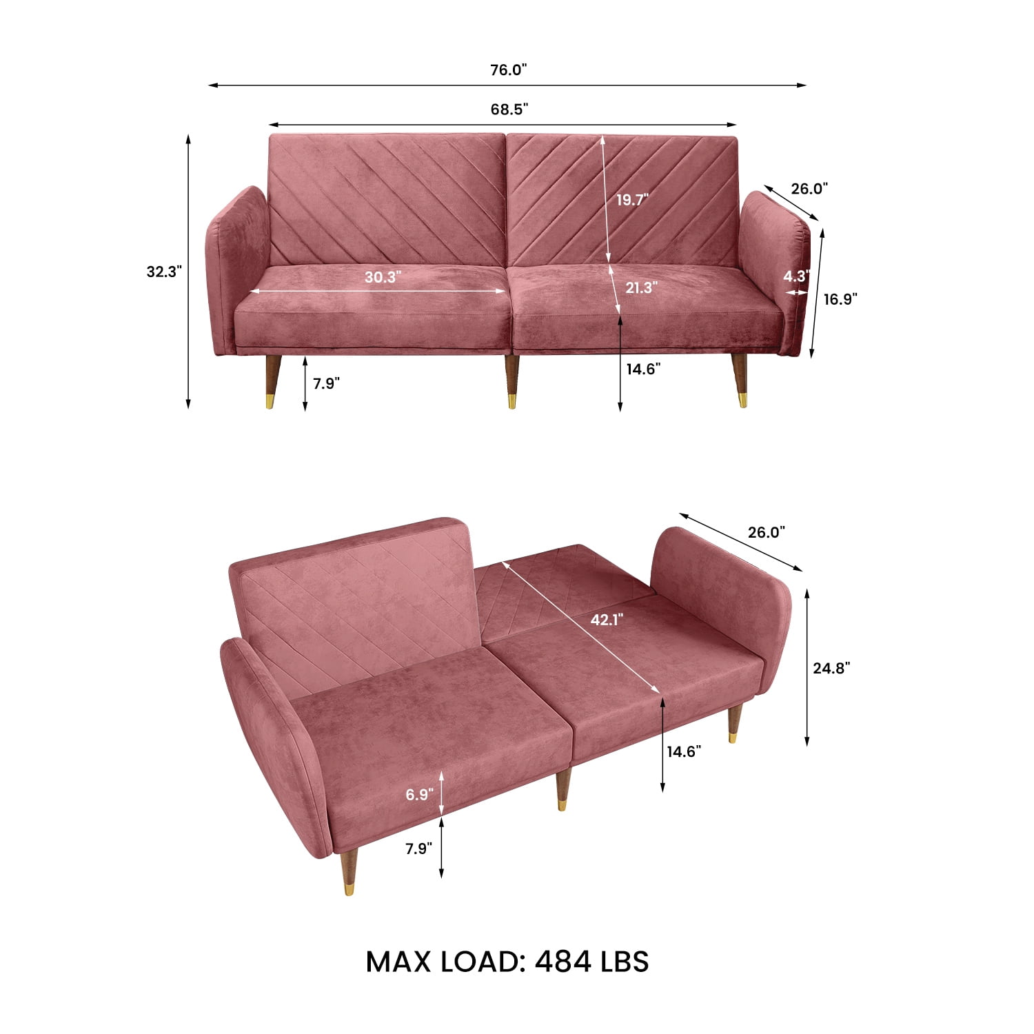 Resenkos Convertible 2-Seat Velvet Sofa Bed with Adjustable Backrest and Solid Wood Legs,Pink Resenkos Convertible 2-Seat Velvet Sofa Bed with Adjustable Backrest and Solid Wood Legs,Pink