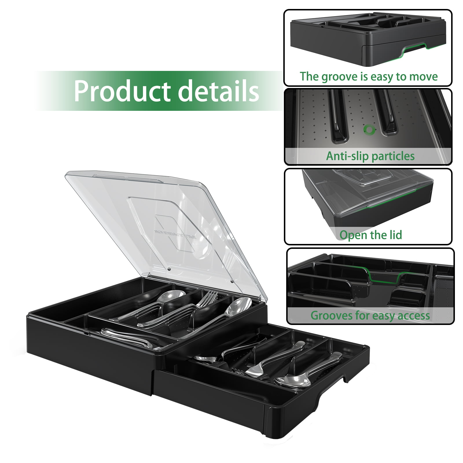 Kurberson Double Layer Silverware Tray with Lid, Drawer Organizer for  Utensil Tray, Cutlery Storage Holder with Cover, Black