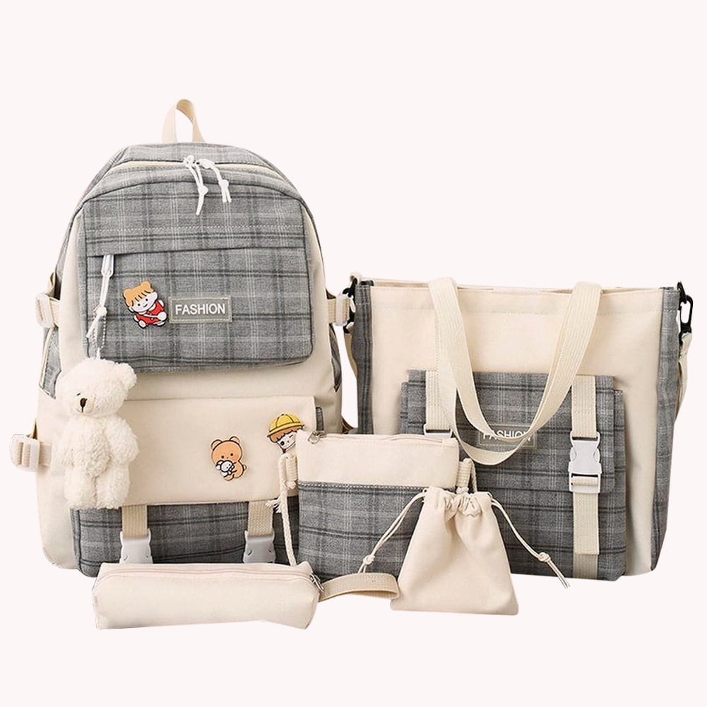 AMNHDO 5Pcs Set Aesthetic School Bags Plaid Casual Backpack Combo Set ...