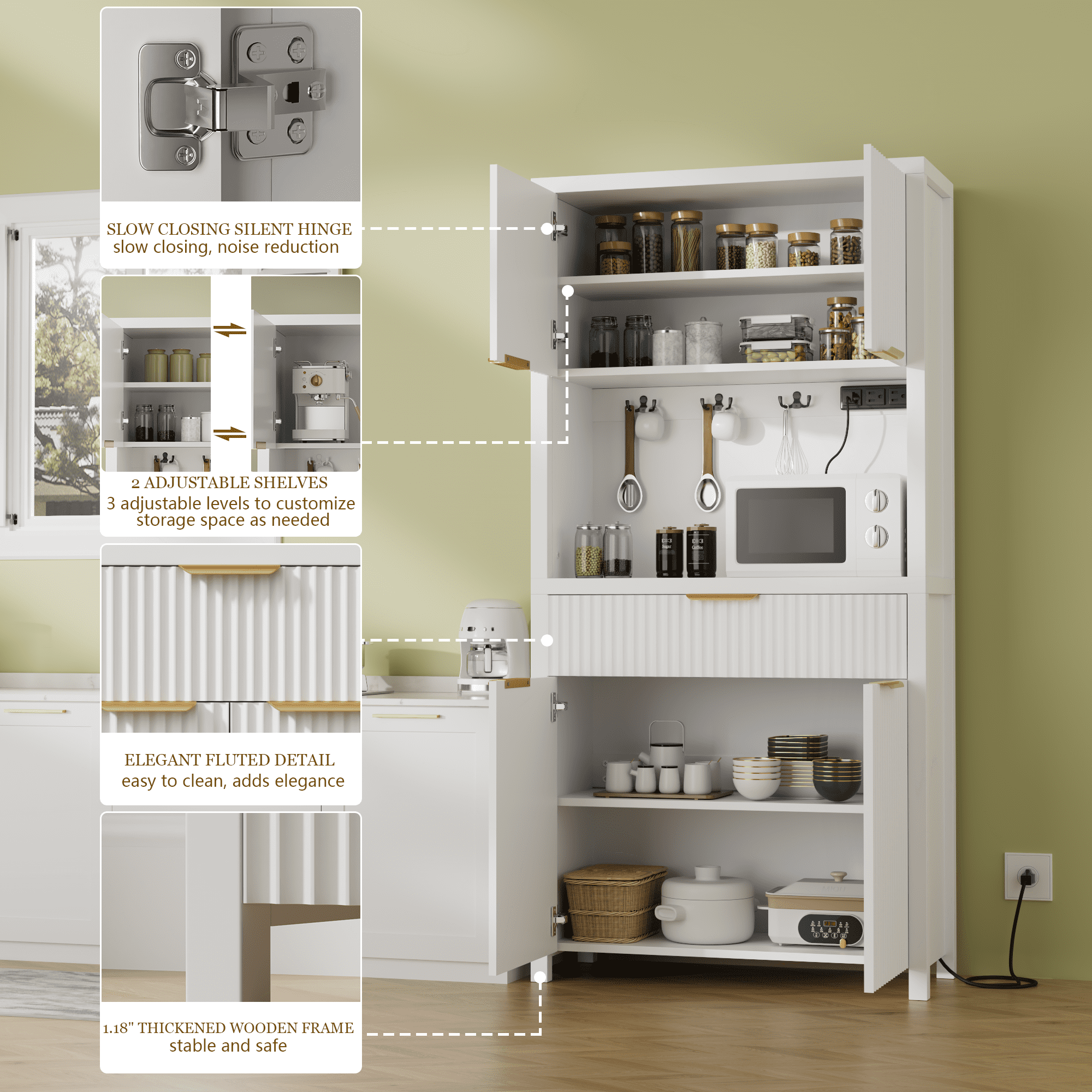 Aufeile 71" Tall Pantry Storage Cabinet with Drawer and Charging Station, Fluted Pantry Cabinet with Adjustable Shelves for Kitchen Dining Room Living Room, White