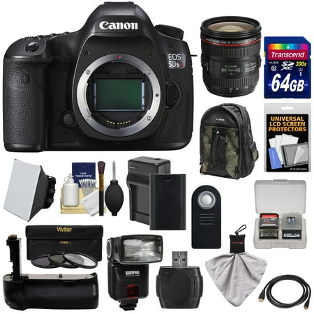 Canon EOS 5DS R Digital SLR Camera Body with 24-70mm f/4L IS Lens + 64GB Card + Battery & Charger + Backpack + Grip + Flash + Kit