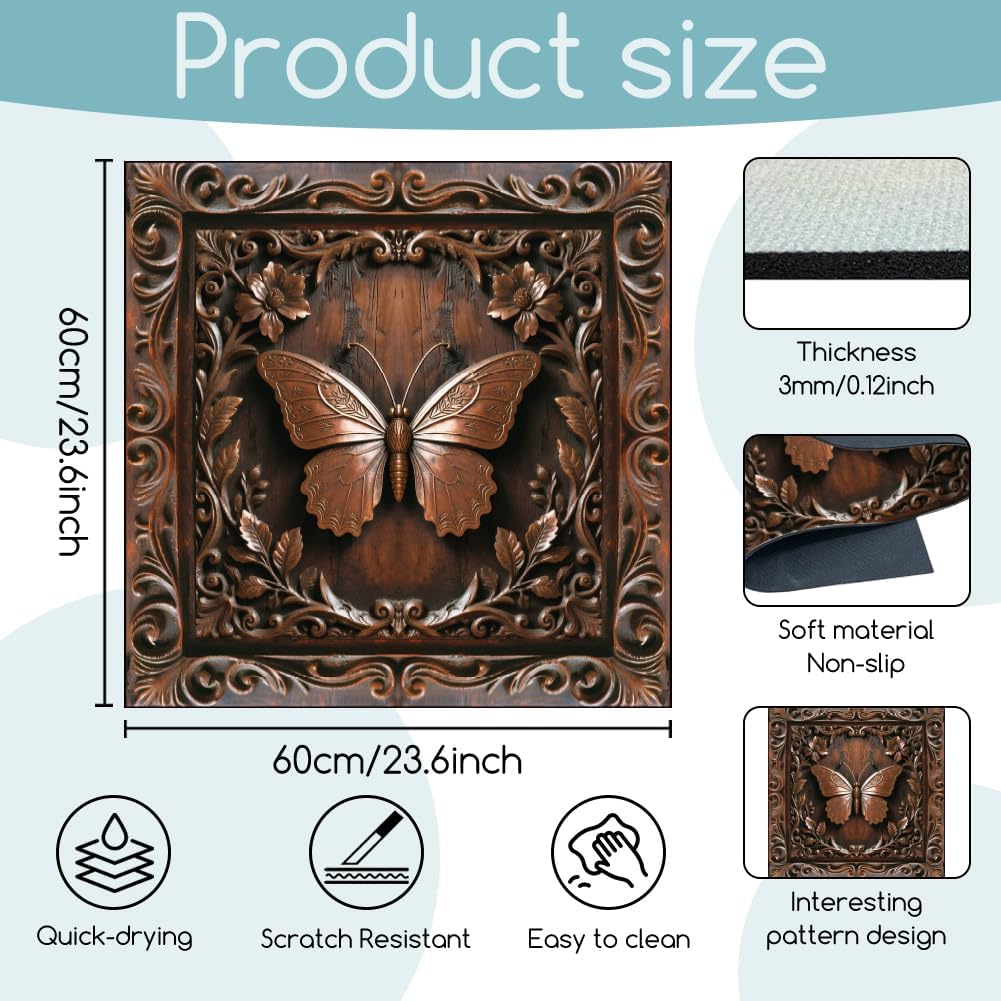 3D Wooden Butterfly Laundry Washer Dryer Dust Cover Mat 23.6x23.6inch Retro Wood Carving Effect Washing Machine Top Protector Pads