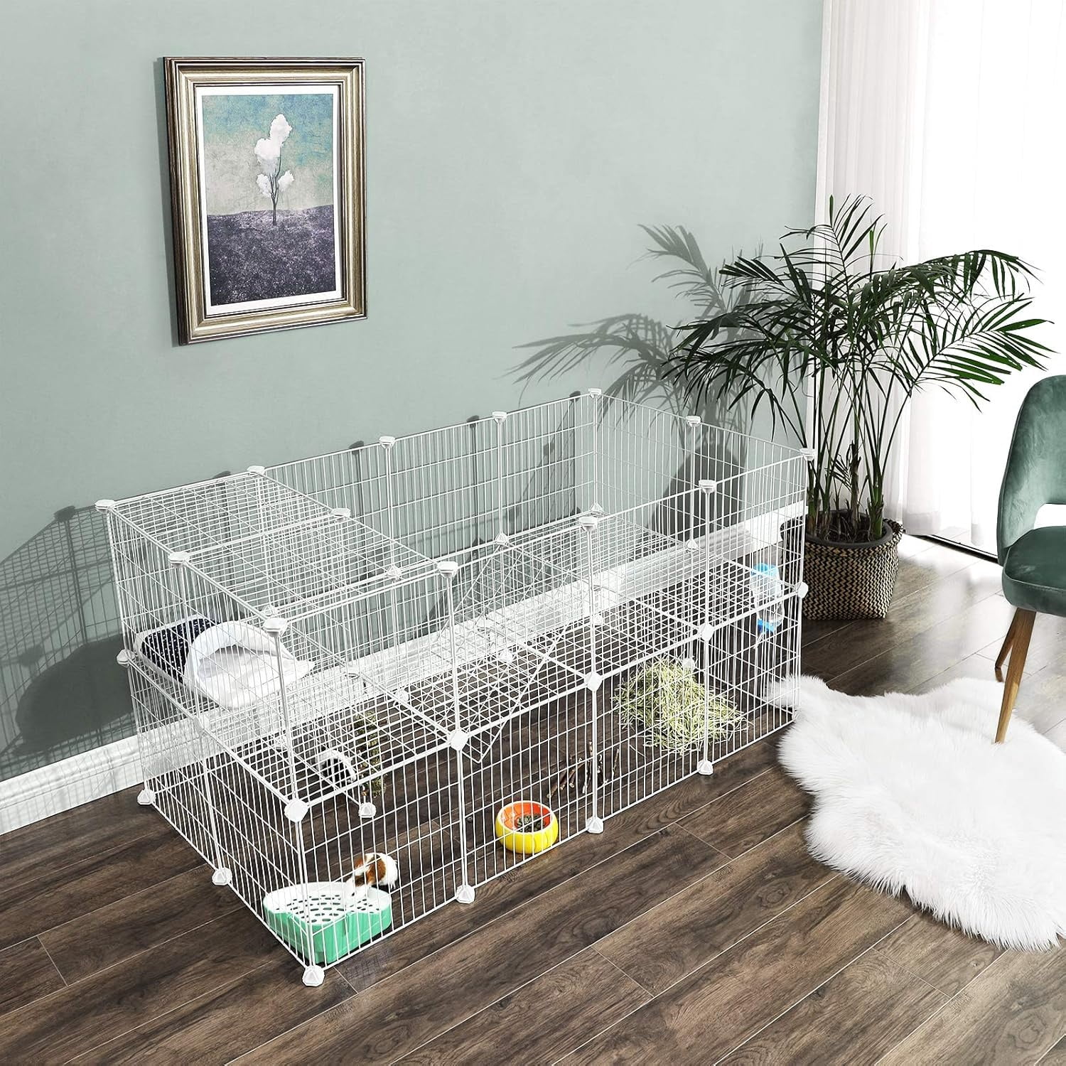 36 Panels Pet Playpen, Small Animal Playpen, Rabbit Guinea Pig Cage, Zip Ties Included, Metal Wire Apartment-Style Two-Story Pet Premium Villa for Bunnies Puppies, Indoor Use, White